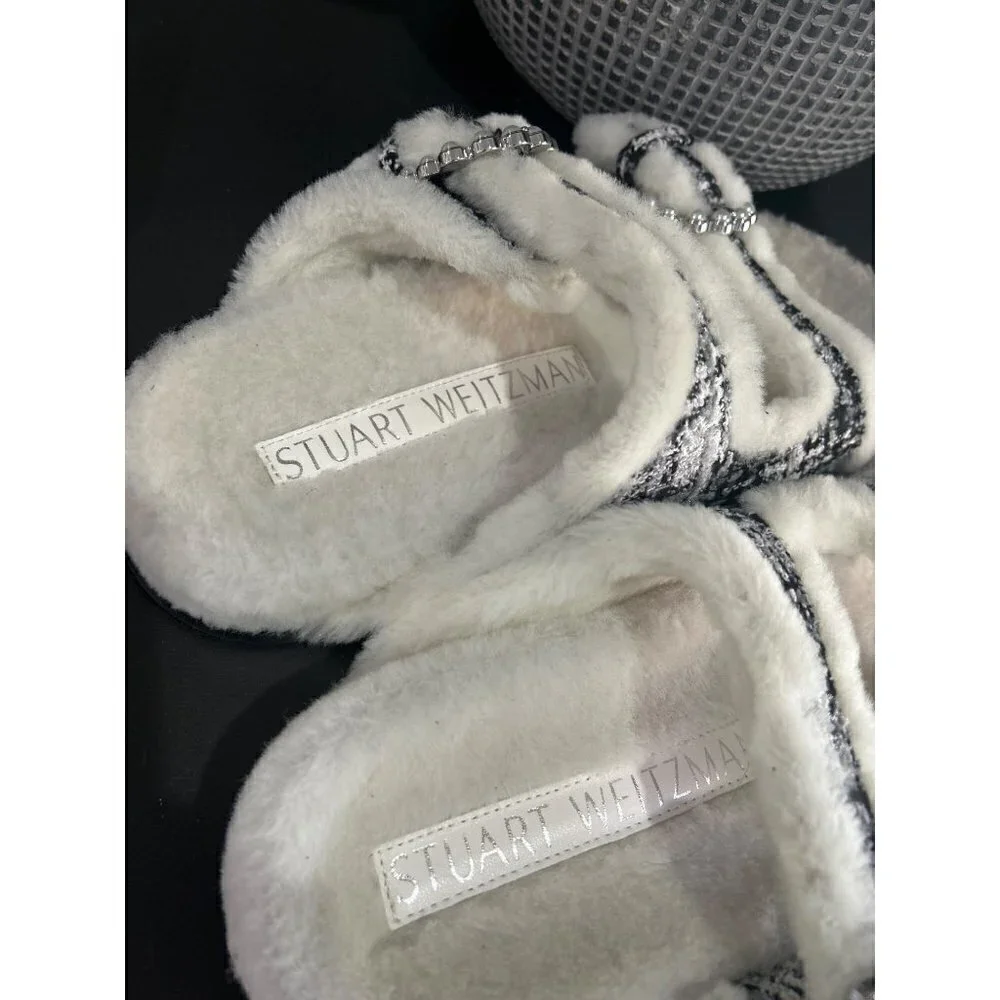 Stuart Weitzman Piper Chill Shearling Lined Tweed Pearl Slides White Black 8